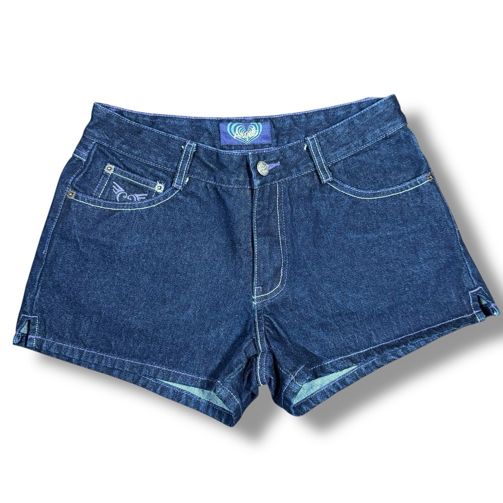 Y2K Angels Cutoff Denim Shorts Juniors Sz 7 Purple Stitching 2000s‎ Vintage Cute